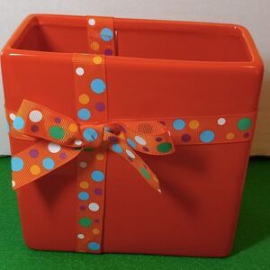 Ceramic Vase FTD Orange with colorful Polk-a-Dot Ribbon Cottagecore